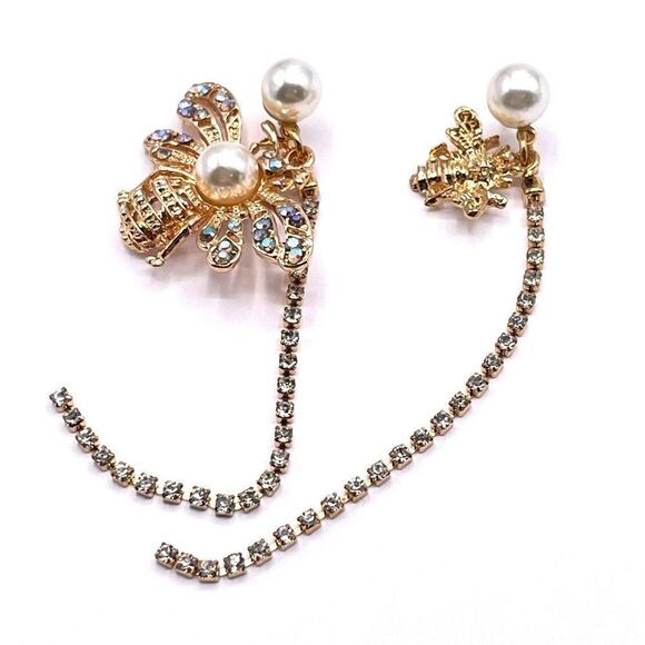 Yellow Gold with White and AB Crystal Mismatching Bees Post Back Earrings - Picture 7 of 9